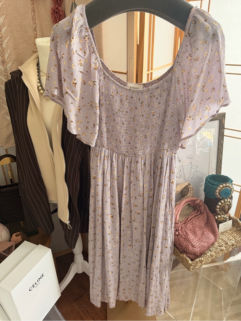 Bohme Lavender Floral Smocked Midi Dress Size M Cottagecore